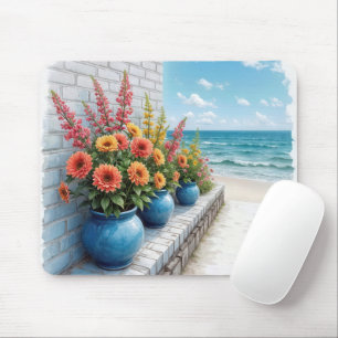 Aquarel Strand Dahlias In Blauwe Potten Muismat