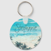 Aquarel Strand Tropische Naam Monogram Sleutelhanger (Voorkant)