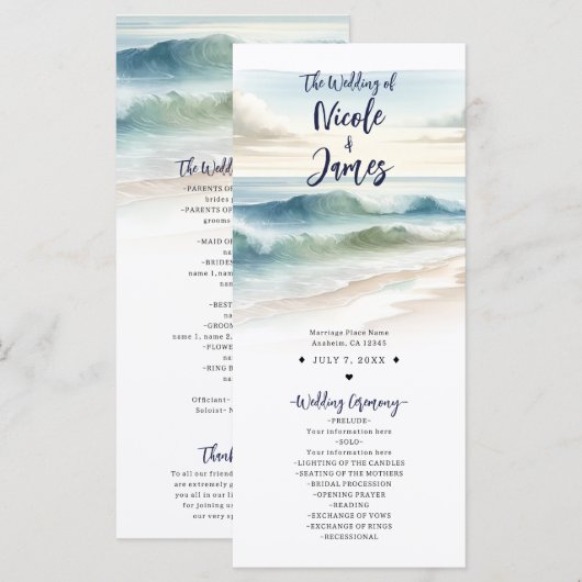 Aquarel Strandgolven Kust Huwelijksprogramma Programmakaart (Voorkant / Achterkant)