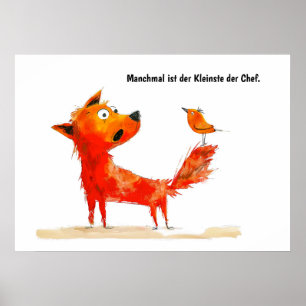 Aquarel stripboek hond en vogel op staart poster