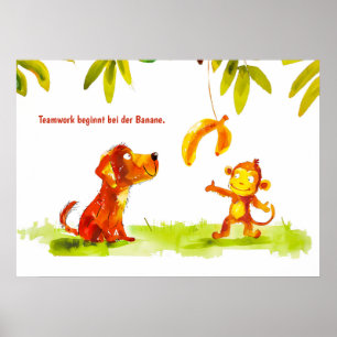 Aquarel stripverhaal hond en aap willen banaan poster