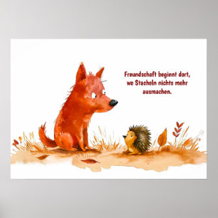 Aquarel stripverhaal hond en egel ontmoeten elkaar poster