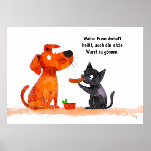 Aquarel stripverhaal hond en kat naast elkaar poster