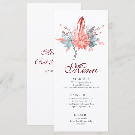 Aquarel Succulente Bloem Botanische Bat Mitzvah Menu (Voorkant / Achterkant)