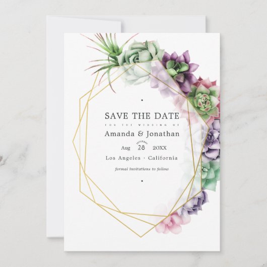 Aquarel Succulente Geometrische Trouwfoto Save The Date (Voorkant)