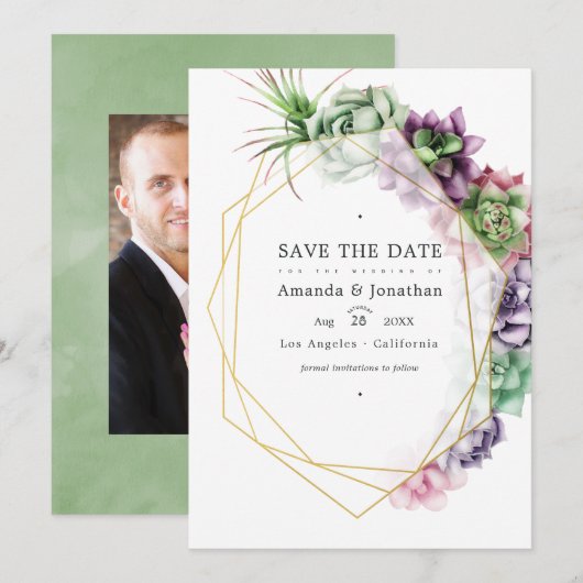 Aquarel Succulente Geometrische Trouwfoto Save The Date (Voorkant / Achterkant)