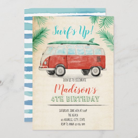 Aquarel surf uitnodiging (Voorkant / Achterkant)