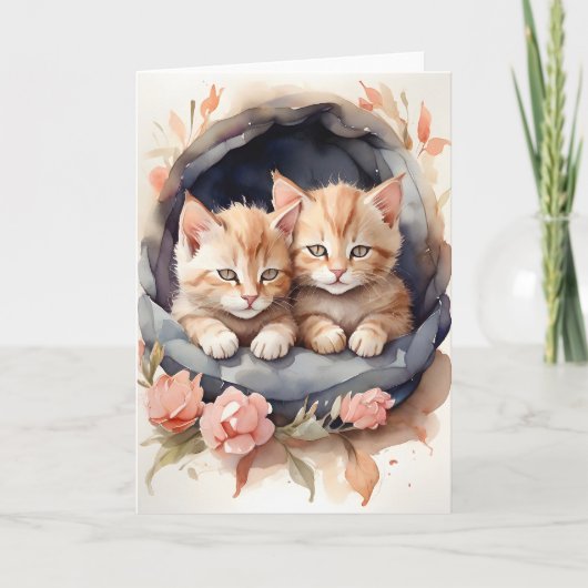 Aquarel Tabby Kittens Broers Bloemen Blank Kaart (Voorkant)