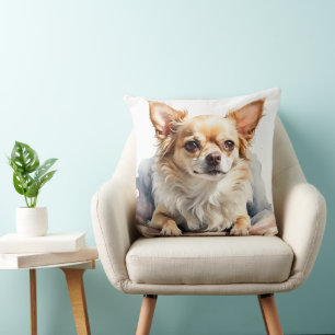 AQUAREL TAN EN WITTE LANGHARIGE CHIHUAHUA HOND KUSSEN