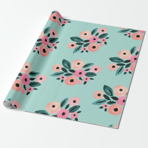 Aquarel Teal en Roze Bloem Cadeaupapier
