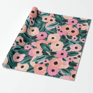 Aquarel Teal en Roze Bloem Cadeaupapier