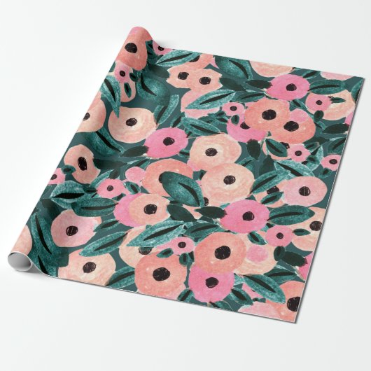 Aquarel Teal en Roze Bloem Cadeaupapier (Uitgerold)