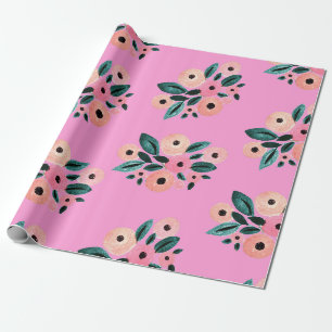 Aquarel Teal en Roze Bloemmotief Cadeaupapier