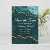 Aquarel Teal Gouden Marmer Agaat Geode Foto Save The Date (Staand voorkant)