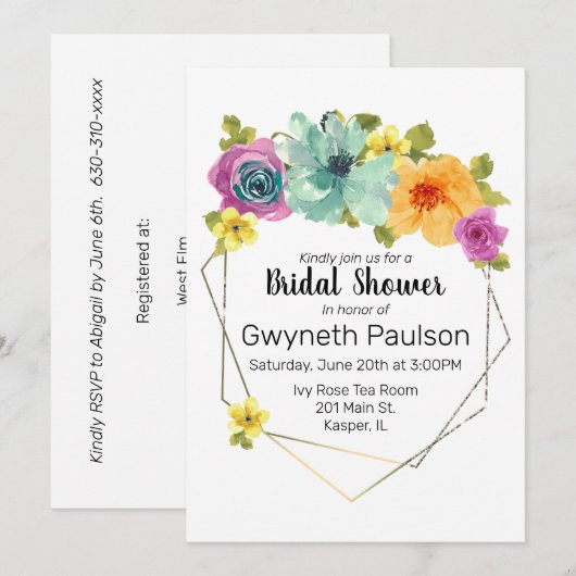 Aquarel Teal Oranje Geel Roze Bloem Goud Kaart (Voorkant / Achterkant)