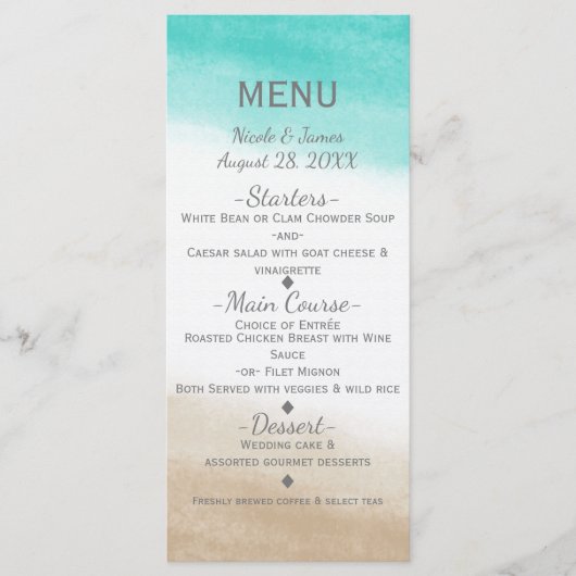 Aquarel Teal & Tan Elegant Strand Bruiloftsmenu Menu (Voorkant)