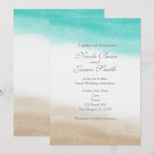 Aquarel Teal & Tan Elegante Strandbruiloft Kaart (Voorkant / Achterkant)