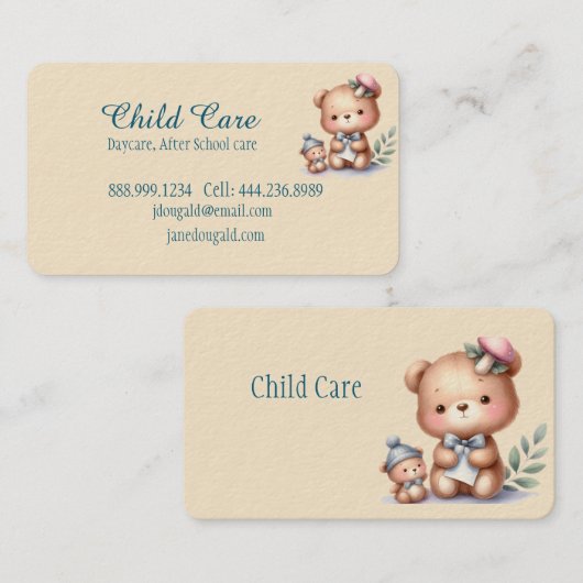 Aquarel Teddy Beer Kind Minding Babysitten Visitekaartje (Voorkant / Achterkant)