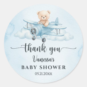 Aquarel Teddybeer Piloot Babyshower Bedankt Ronde Sticker