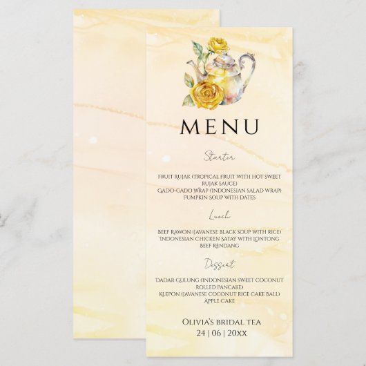 Aquarel theefeest vrijgezellenfeest menu (Voorkant / Achterkant)