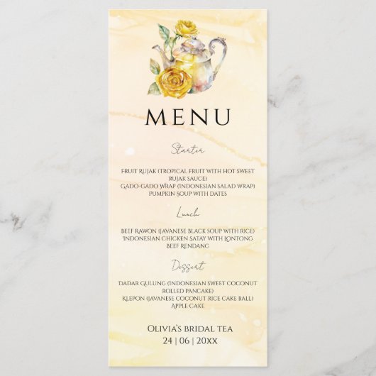 Aquarel theefeest vrijgezellenfeest menu (Voorkant)