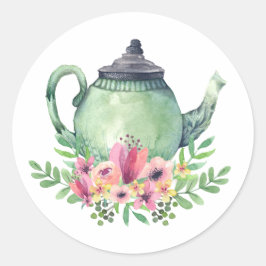 Aquarel theepot met bloemboeket ronde sticker