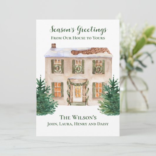 Aquarel Thuis Pijnboom Seizoensgroeten Custom Feestdagenkaart (Staand voorkant)