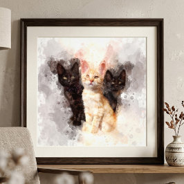 Aquarel Trio van Schattige Zwarte en Oranje Kitten Foto Afdruk