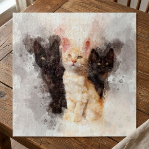 Aquarel Trio van Schattige Zwarte en Oranje Kitten Legpuzzel