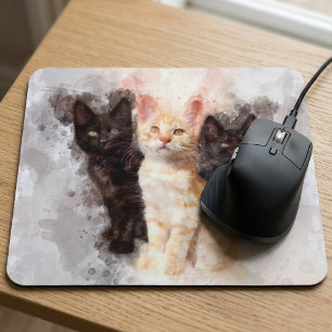 Aquarel Trio van Schattige Zwarte en Oranje Kitten Muismat
