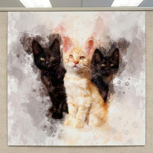 Aquarel Trio van Schattige Zwarte en Oranje Kitten Poster