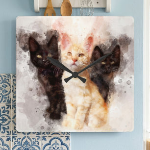 Aquarel Trio van Schattige Zwarte en Oranje Kitten Vierkante Klok