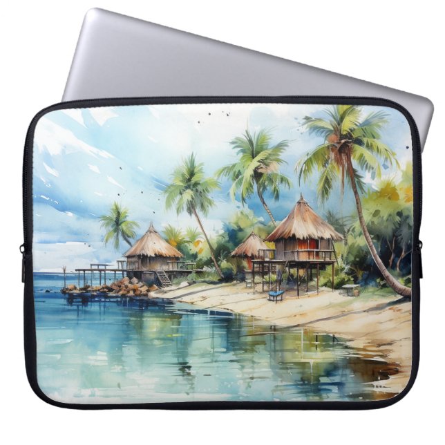 AQUAREL TROPISCH STRAND ZICHT LAPTOP SLEEVE (Voorkant)