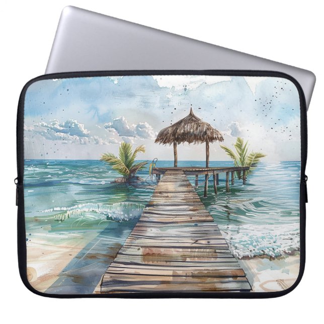 AQUAREL TROPISCH STRAND ZICHT LAPTOP SLEEVE (Voorkant)