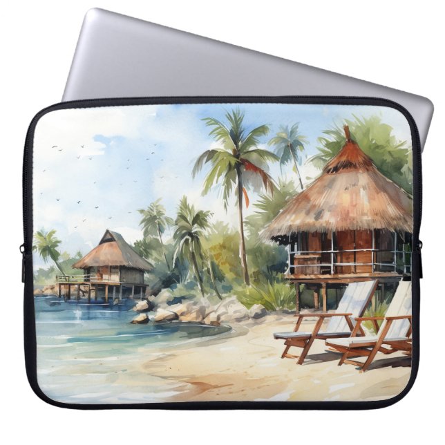 AQUAREL TROPISCH STRAND ZICHT LAPTOP SLEEVE (Voorkant)