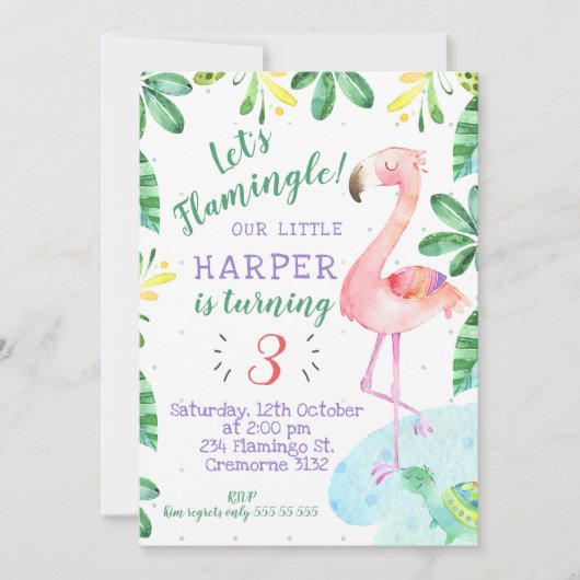 Aquarel Tropische Flamingo Verjaardagsuitnodiging Kaart (Voorkant)