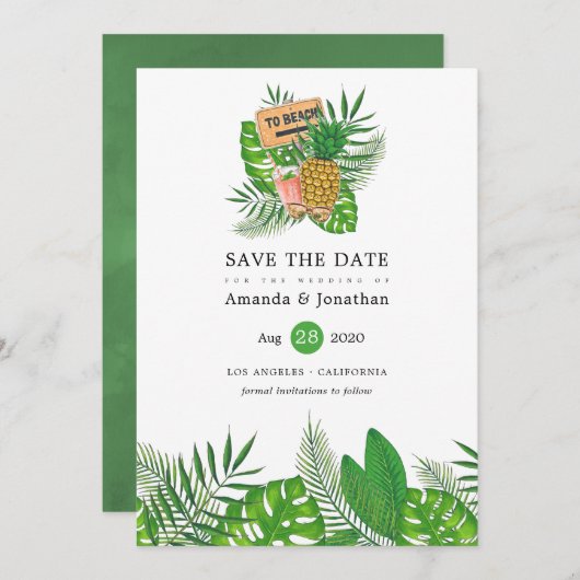 Aquarel Tropische Zomer Strand Bruiloft Save The Date (Voorkant / Achterkant)