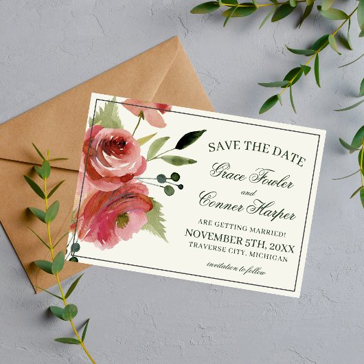 Aquarel Trouwkaart met Antieke Roze Groene Bloemen Save The Date