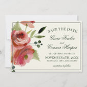 Aquarel Trouwkaart met Antieke Roze Groene Bloemen Save The Date (Voorkant)