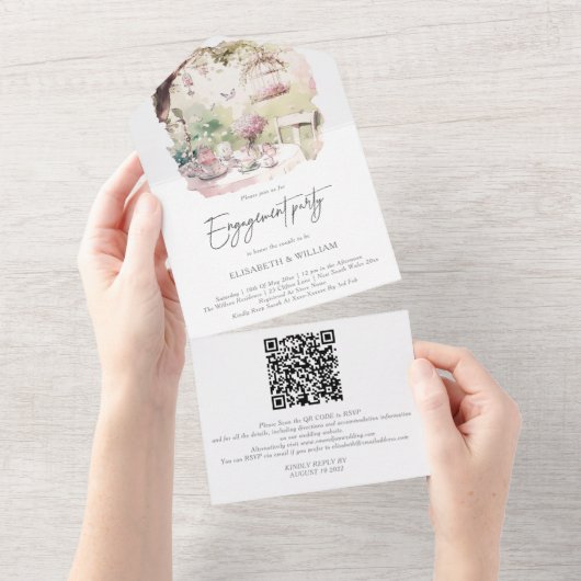Aquarel Tuin Bruiloft QR Code RSVP All In One Uitnodiging (Afscheurbaar)