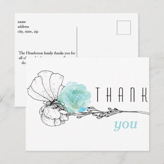 Aquarel Turquoise Bloemendankbetuiging bij een rou Briefkaart (Voorkant / Achterkant)
