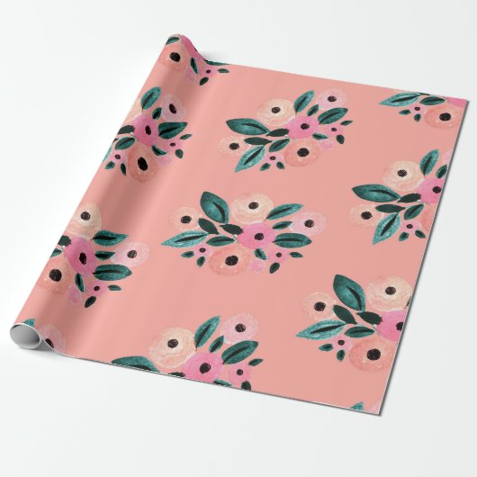 Aquarel Turquoise en Roze Bloemmotief Cadeaupapier (Uitgerold)