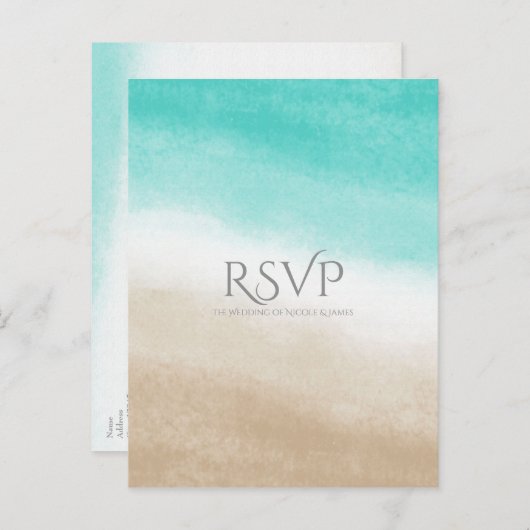 Aquarel Turquoise & Tan Elegante Strand Bruiloft R Uitnodiging Briefkaart (Voorkant / Achterkant)