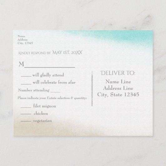 Aquarel Turquoise & Tan Elegante Strand Bruiloft R Uitnodiging Briefkaart (Achterkant)