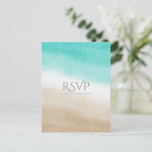 Aquarel Turquoise & Tan Elegante Strand Bruiloft R Uitnodiging Briefkaart (Staand voorkant)