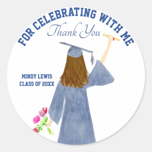 Aquarel van afgestudeerde met diploma dank je wel ronde sticker (Voorkant)