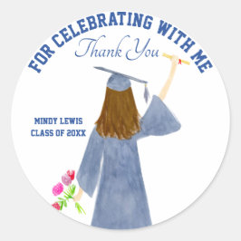 Aquarel van afgestudeerde met diploma dank je wel ronde sticker