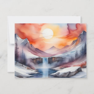 Aquarel van besneeuwde bergen onder zonsondergang briefkaart
