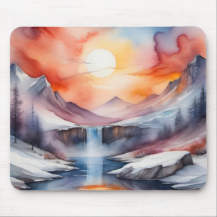 Aquarel van besneeuwde bergen onder zonsondergang muismat