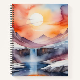 Aquarel van besneeuwde bergen onder zonsondergang notitieboek